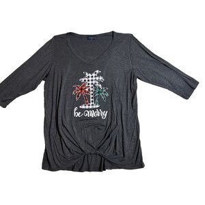 Scarlett 2X Xmas T Shirt Front Tied Bottom Gray With Plaid Colored Palm Trees